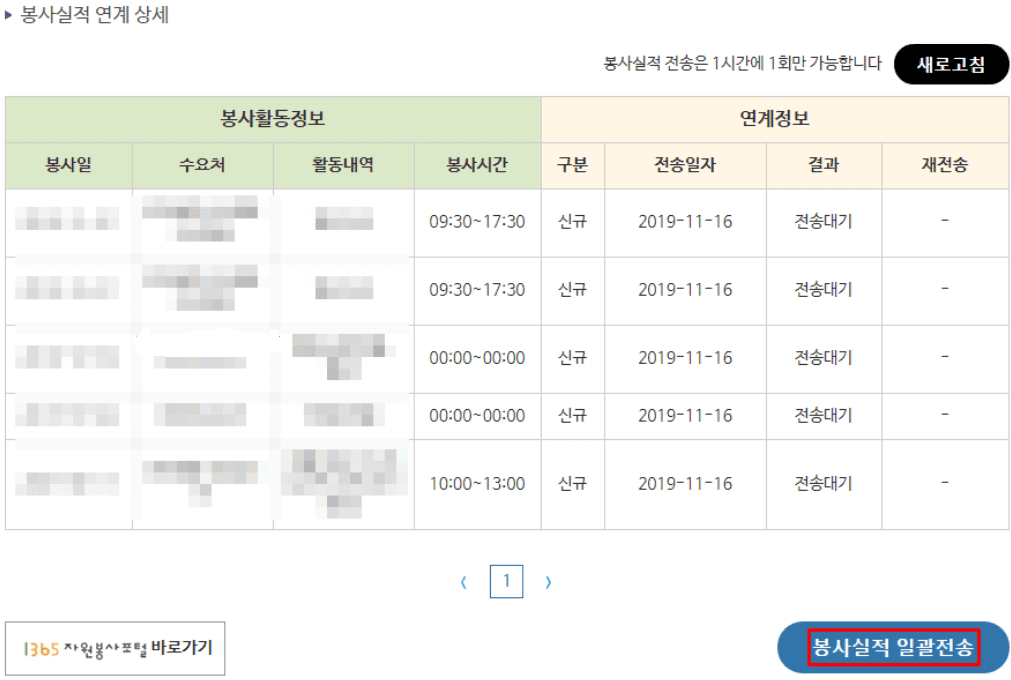 봉사실적 일괄전송