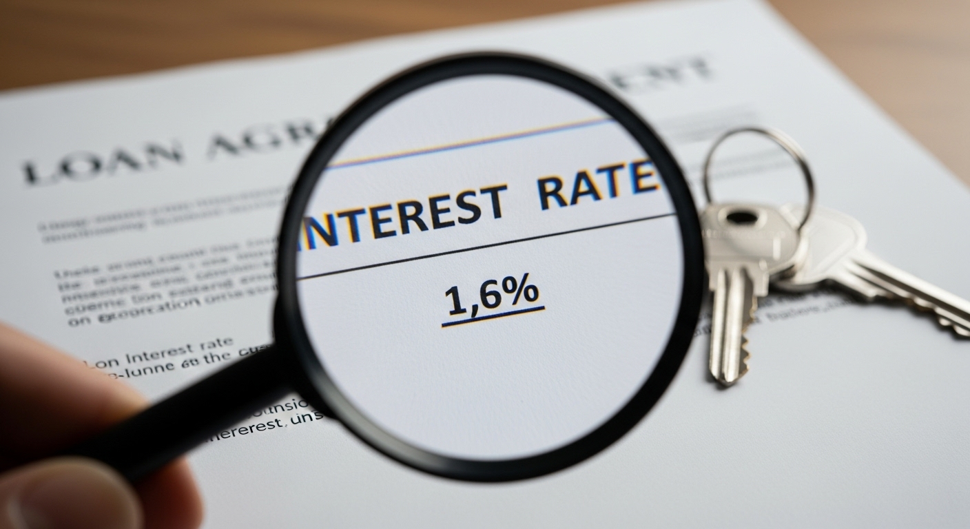 돋보기로 신생아 특례대출 계약서의 1%대 낮은 금리를 자세히 들여다보는 이미지.