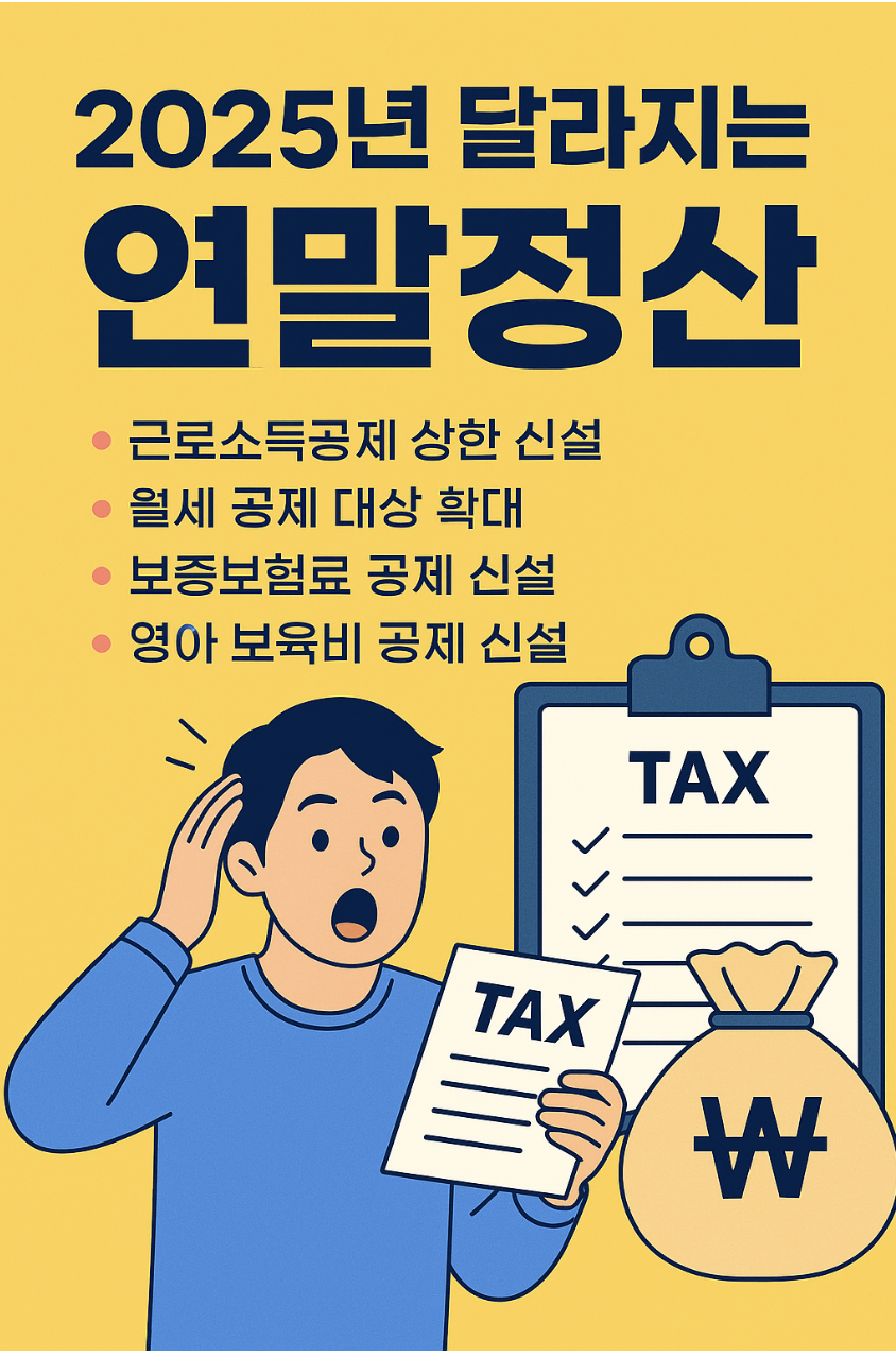 “2025년 연말정산에서 달라지는 주요 사항 4가지—근로소득공제 상한 신설, 월세 공제 대상 확대, 보증보험료 공제 신설, 영아 보육비 공제 신설—이 아이콘과 함께 요약된 카드형 이미지.
놀란 표정의 남성과 클립보드, 세금 문서 일러스트가 포함됨.”