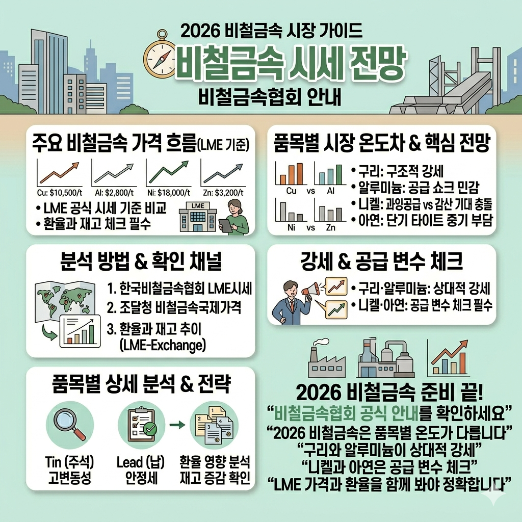 비철금속 시세 전망 구리&middot;알루미늄&middot;니켈&middot;아연 2026 흐름과 체크포인트 인포그래픽