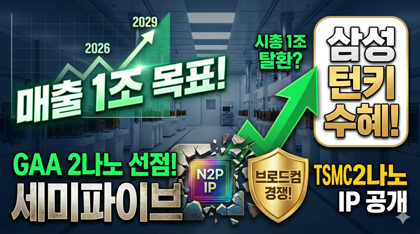 세미파이브 로고와 TSMC 2나노 웨이퍼 위에 그려진 'N2P IP' 및 삼성 파운드리 '턴키' 화살표가 상승하는 주가 그래프와 겹쳐진 이미지