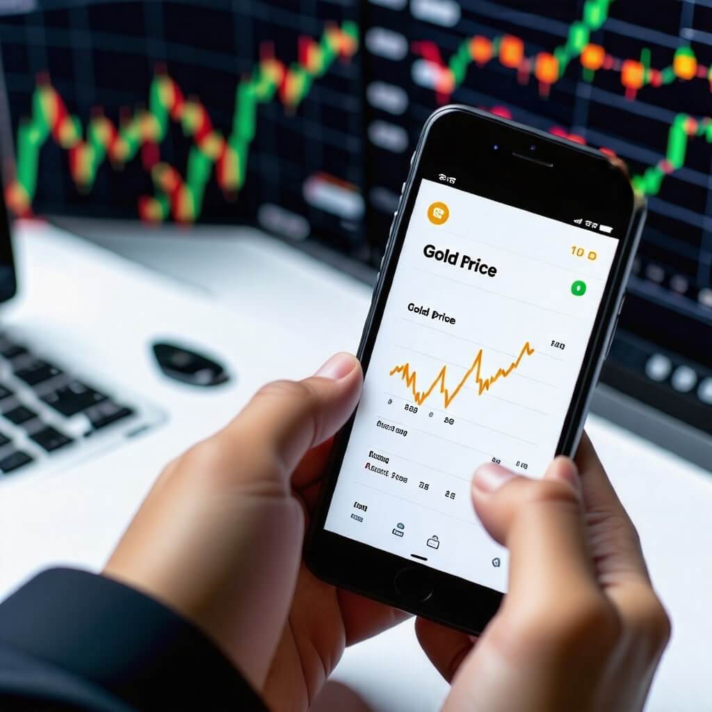 금 시세 알림: 스마트폰에서 금 시세를 확인하는 모습, 현대적인 투자 방식 강조.