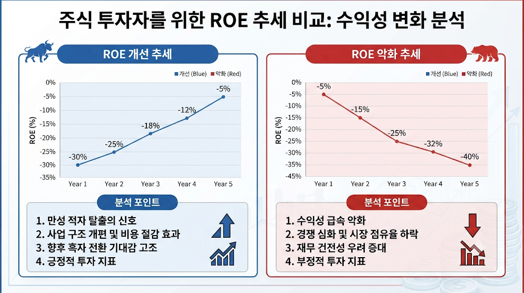 ROE 마이너스가 개선되는 기업과 악화되는 기업의 추세 비교 그래프