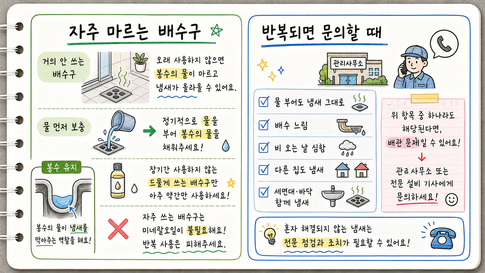 자주 마르는 배수구의 봉수 유지와 반복되는 냄새 문의 기준을 정리한 가로형 카드