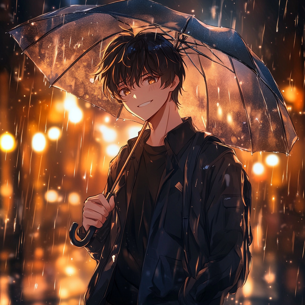 여름 강우으로 인해서 우산쓴 남성