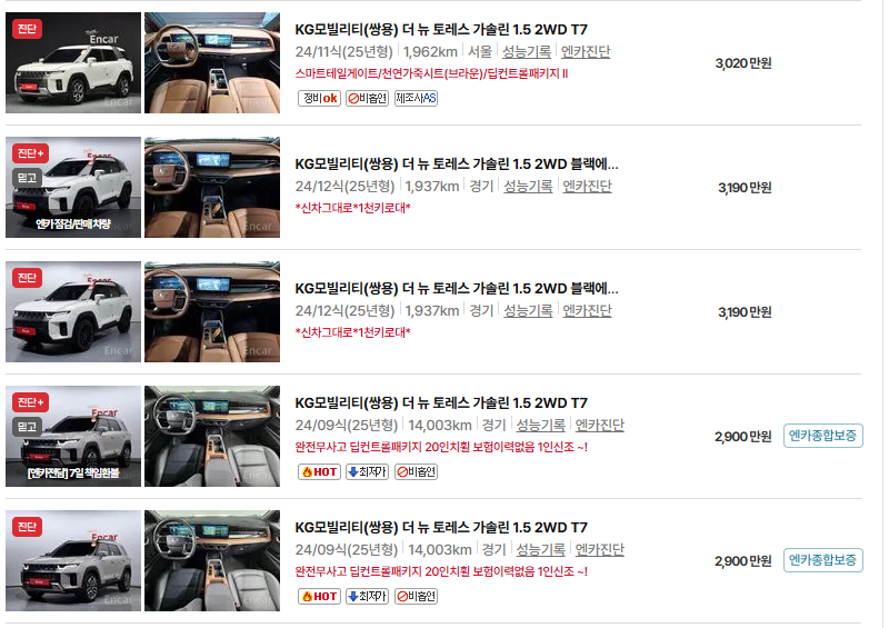 쌍용 토레스 중고차 가격 시세표 유지비