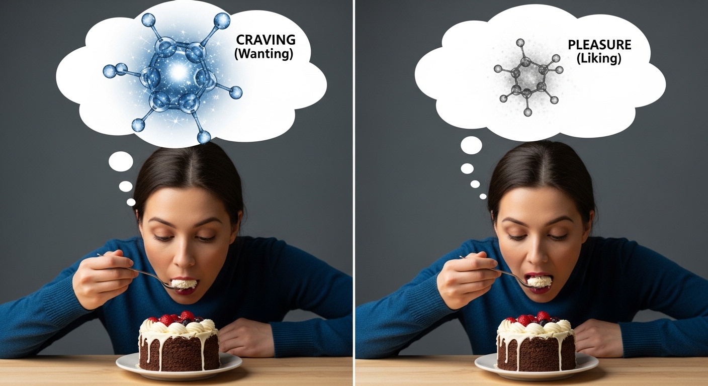 보상에 대한 갈망(Wanting)이 실제 쾌락(Liking)보다 도파민 분비에 더 큰 영향을 미친다는 것을 보여주는 대비 이미지. 케이크를 보기만 할 때 더 큰 도파민 분자가 그려져 있습니다.