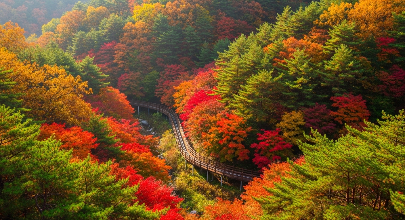 2025년 가을, 화려한 단풍으로 물든 화담숲의 전경. 구불구불한 숲길과 모노레일이 어우러져 평화로운 숲캉스 분위기를 연출합니다.