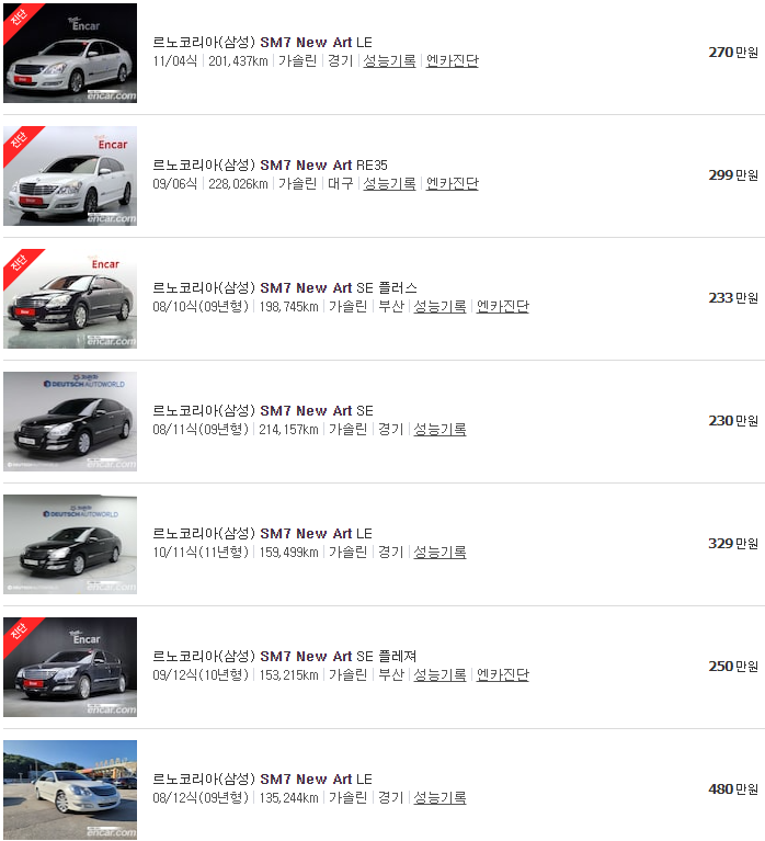 SM7 뉴 아트 중고차 시세