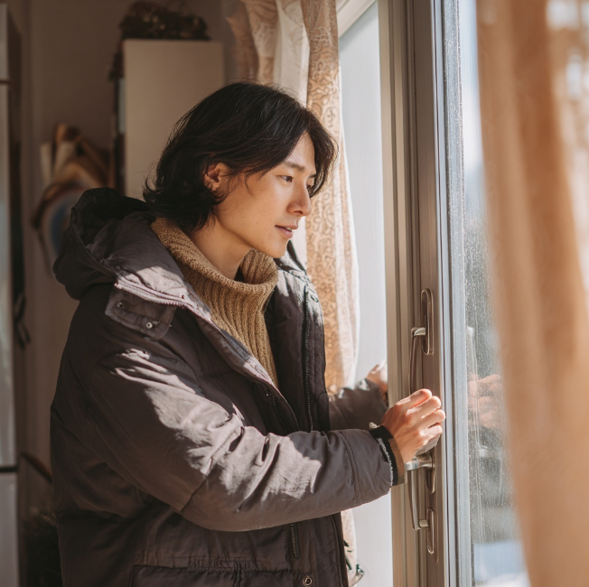 창문이 추워서 온도를 재는 아저씨