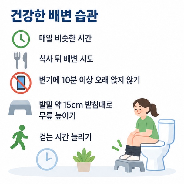 아침 식사 후 일정한 시간에 화장실 가기 변의 참지 않기 10분 이상 오래 앉지 않기 발받침 사용을 보여주는 배변 습관 인포그래픽