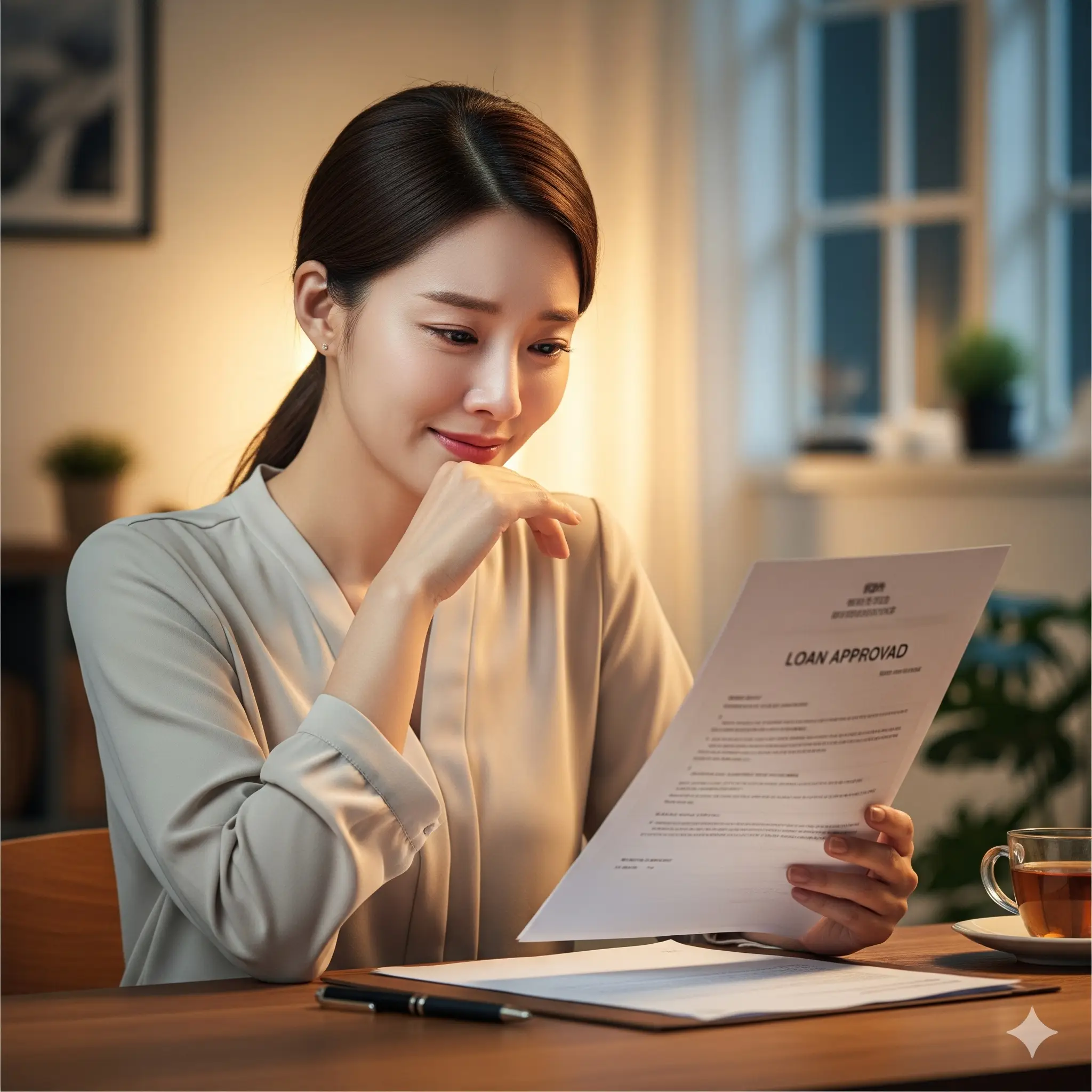 대출 승인 문서를 들고 기뻐하는 신혼부부의 일러스트