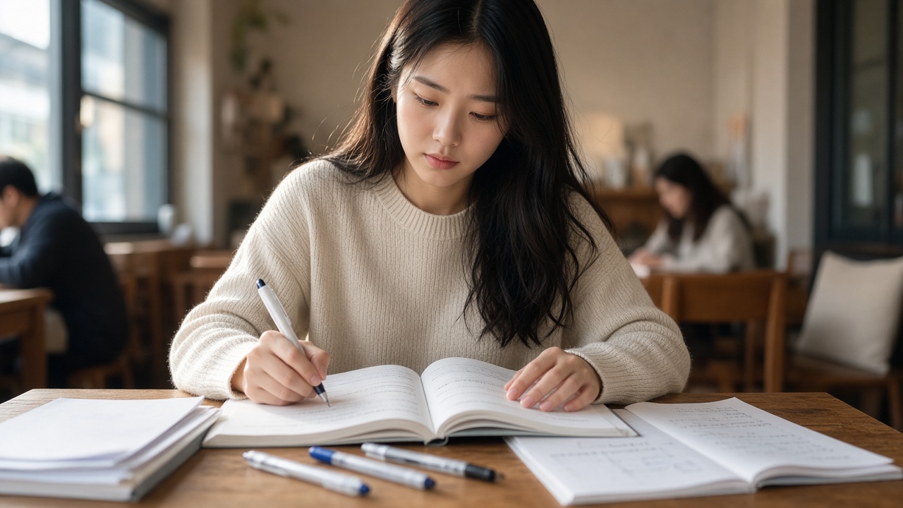 필기구와 문제집으로 실기 필답을 복습하는 한국인 여성