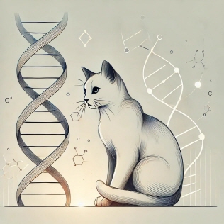 지적이고 호기심 많은 고양이와 DNA 이중 나선 구조를 감성적인 라인 아트로 표현하여, 건강과 유전학이라는 핵심 주제를 직관적으로 전달하는 썸네일