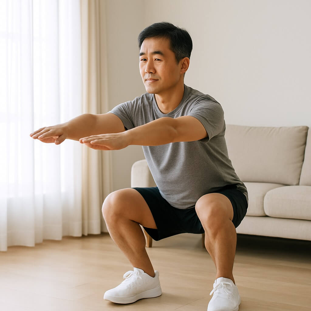 근력을 유지하기 위해 거실에서 스쿼트를 하고 있는 중년 남성