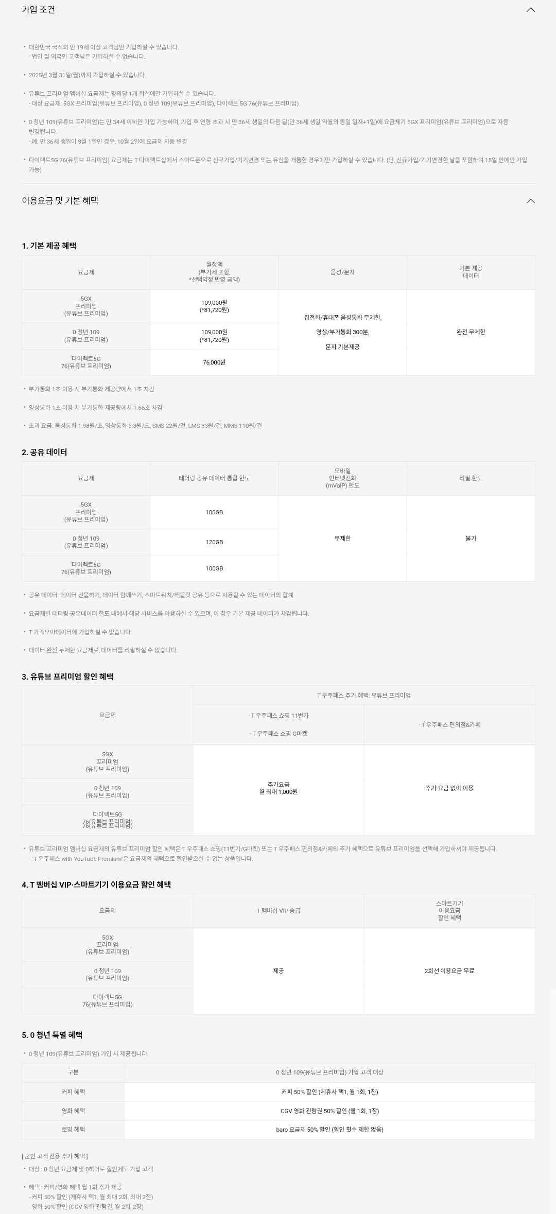 SKT 유튜브 프리미엄 요금제별 이용요금, 음성/문자, 공유데이터, 혜택 등 안내