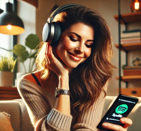 스포티파이 음악에 푹 빠져 있는 아름다운 여성의 모습