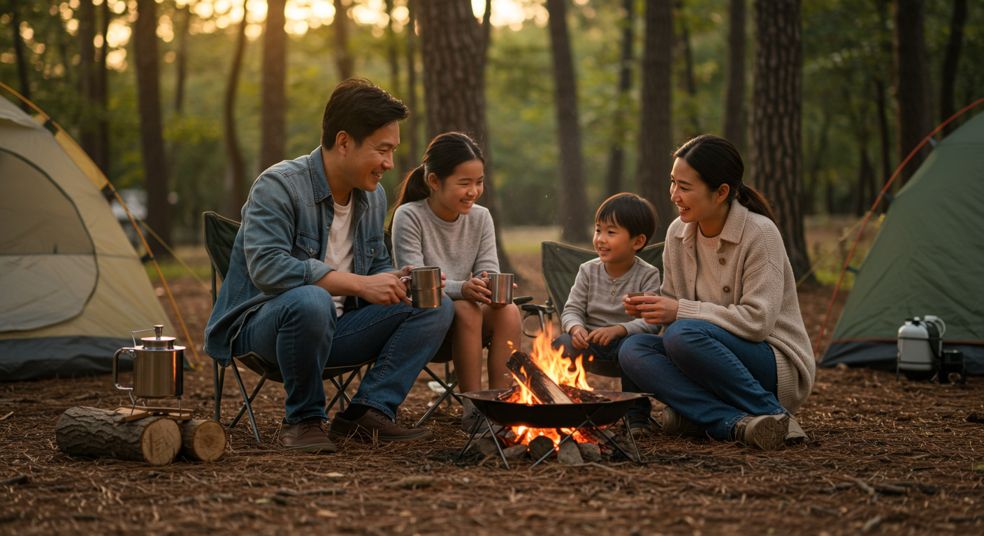 캠핑장 가족 캠프파이어