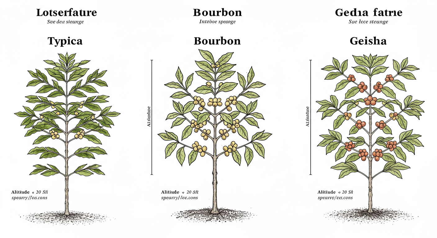 티피카, 부르봉, 게이샤 품종의 수형&middot;마디 간격&middot;체리 밀집도&middot;적정 재배 고도를 비교한 식물학 도판