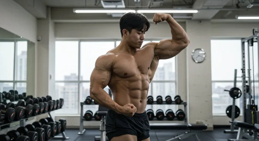 헬스장에서 보디빌딩 포즈를 취하고 있는 남성 이미지