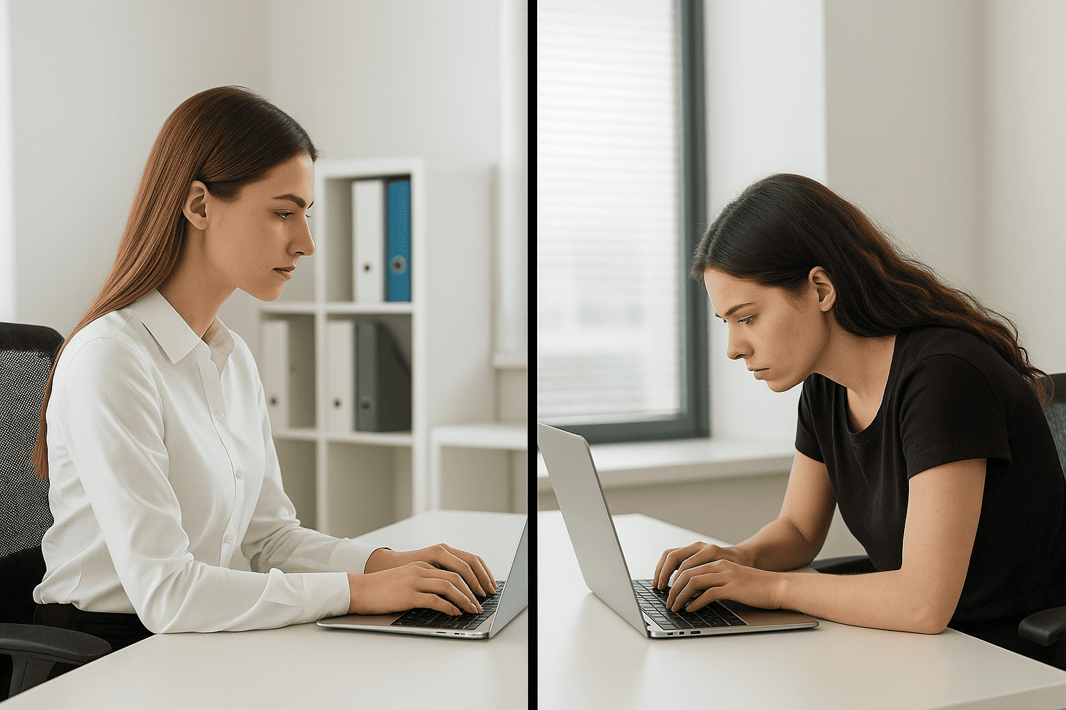 이중턱 개선을 위한 올바른 노트북 사용 자세(왼쪽), 이중턱 악화 및 거북목이 우려되는 안 좋은 자세(오른쪽), 
 AI generated illustration