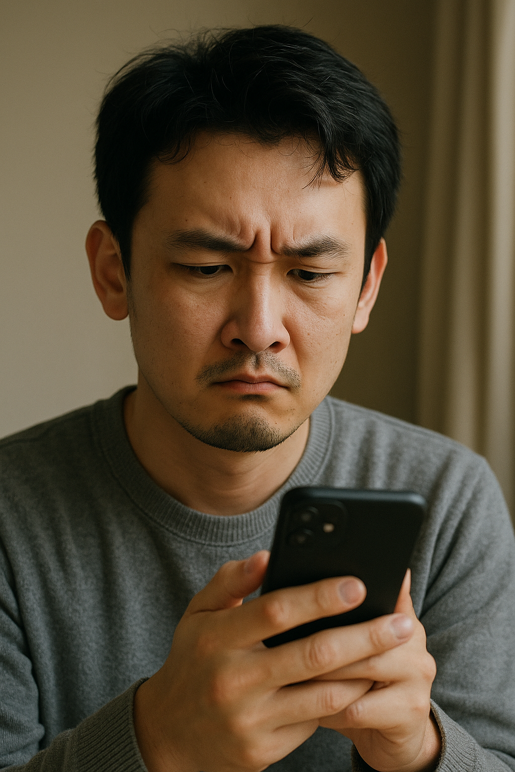 스마트폰으로 정보를 확인하며 걱정하는 청년의 실사 이미지