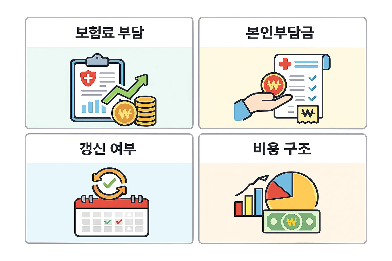 실비보험 건강보험 비교를 통해 매월 보험료와 실제 병원 이용 시 본인부담금 차이를 항목별로 정리한 설명 이미지입니다