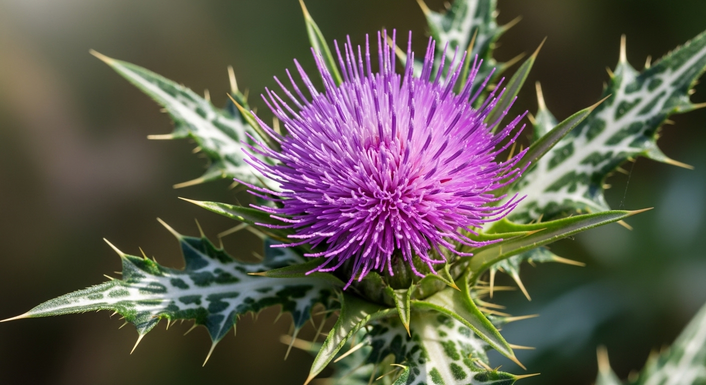 밀크씨슬 식물의 아름다운 보라색 꽃과 가시 돋친 잎사귀 클로즈업 이미지.
