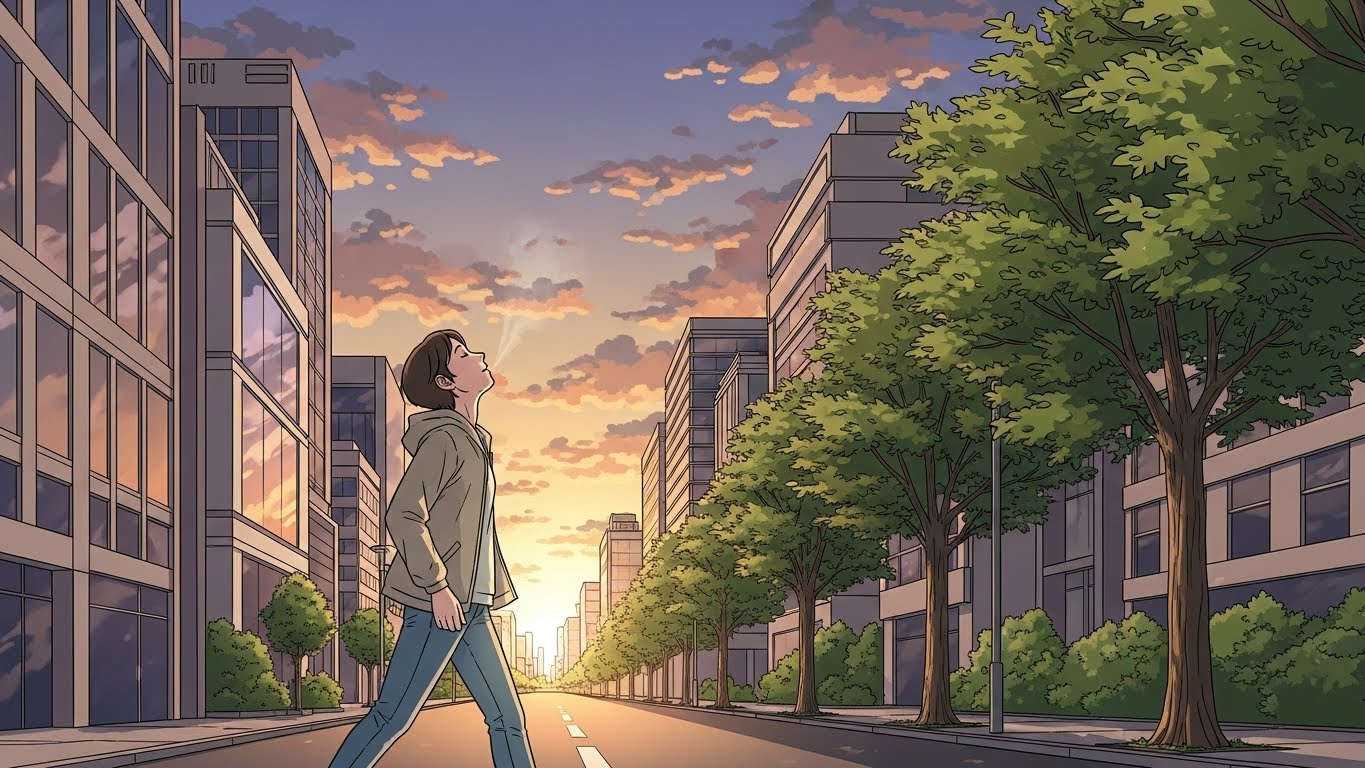 Person taking a light morning walk while observing the sky and surroundings, a simple Korean morning habit that boosts mood and natural energy levels.
