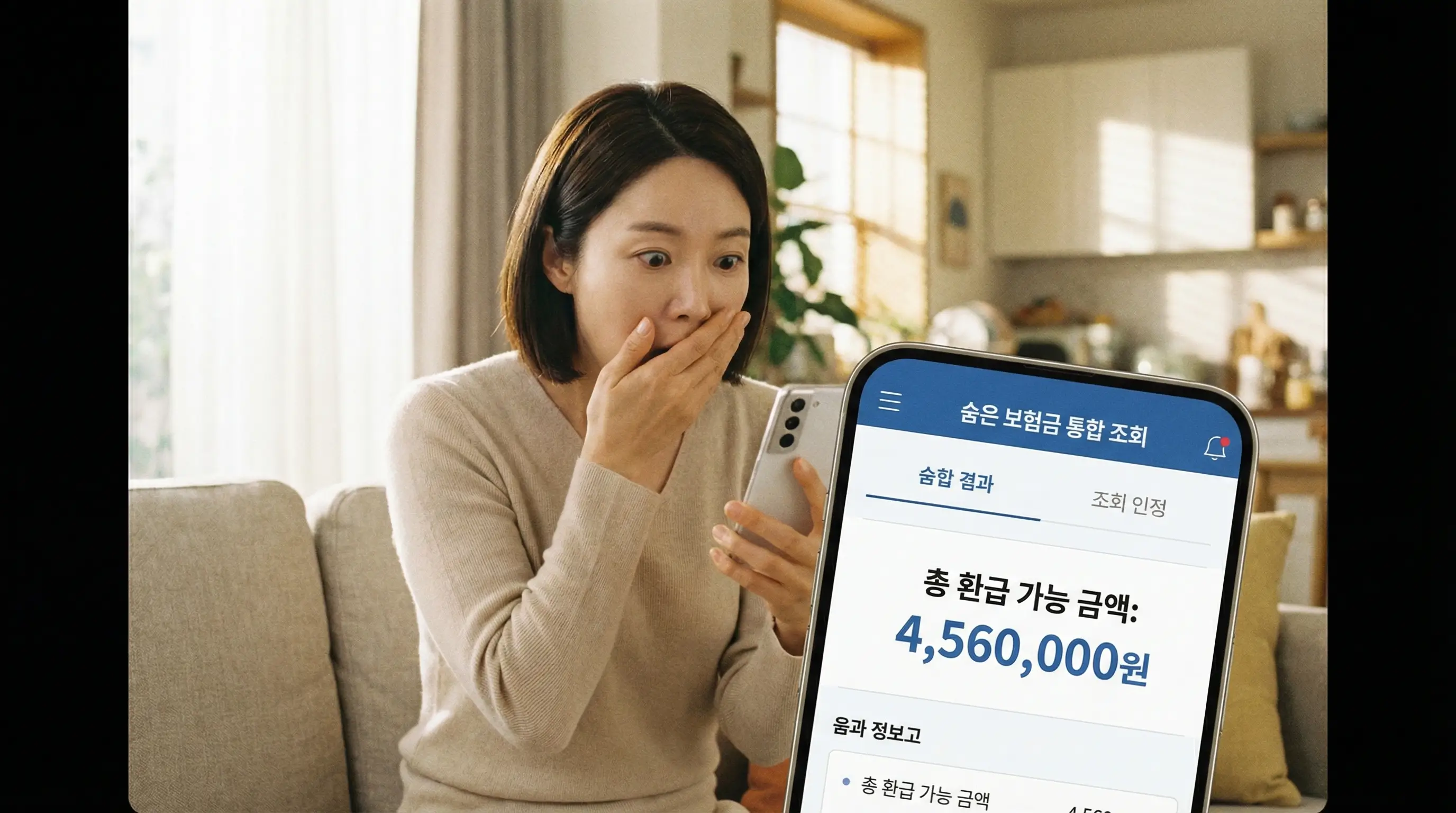 스마트폰으로 숨은 보험금을 조회하고 환급 가능 금액을 확인하며 놀라는 모습