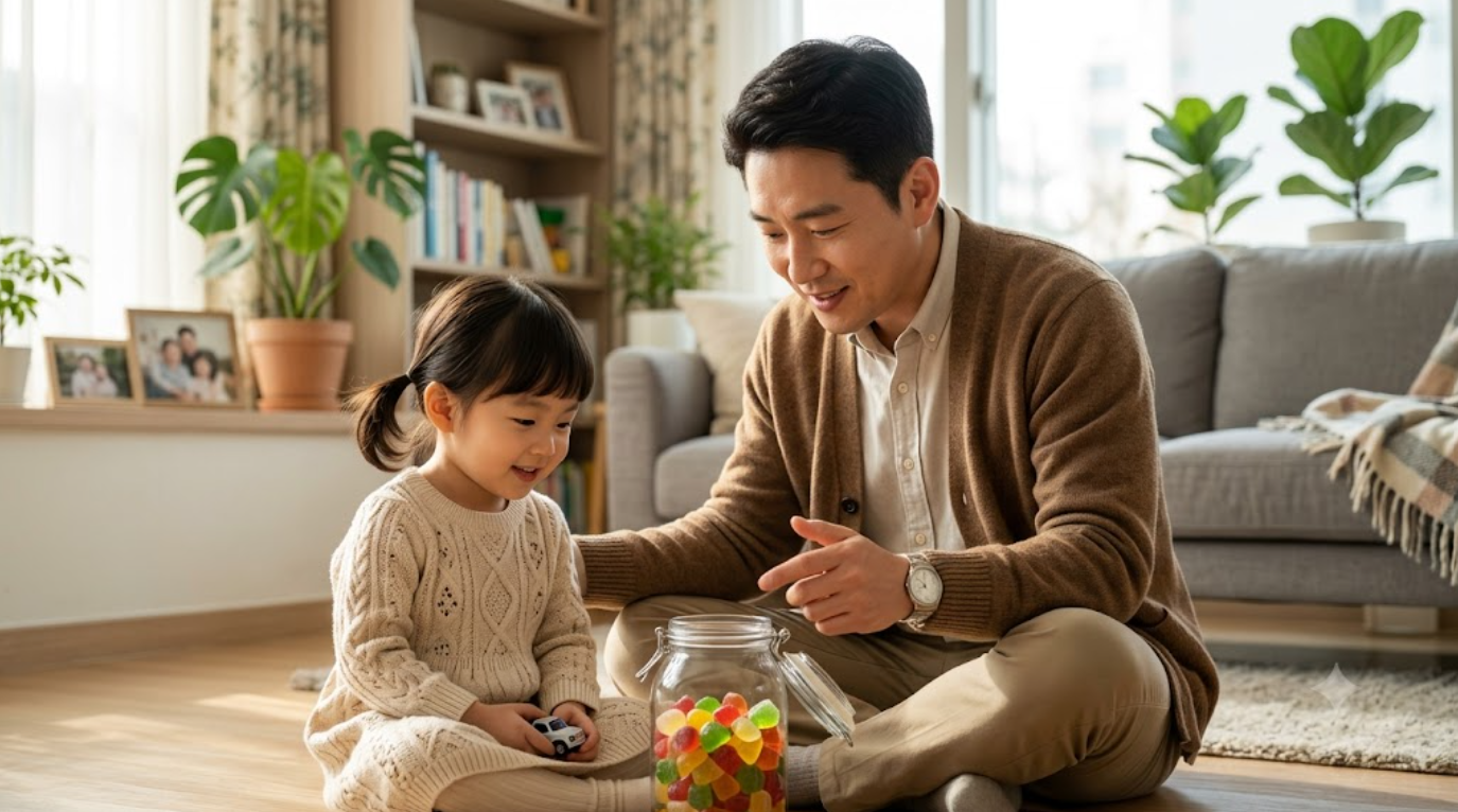 거실에서 5세 자녀와 함께 투명 젤리 통을 활용하여 안 먹고 기다릴 때 보상 불어나는 복리의 원리와 해외 우량주 소수점 주식 투자 개념을 쉽게 가르쳐주는 아빠의 조기 경제 교육 이미지