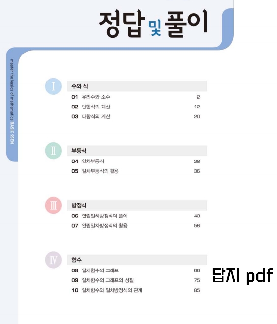 베이직쎈 2-1 중등수학 목차