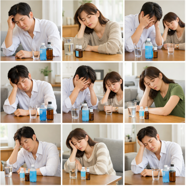 숙취로 힘들어하는 한국인의 아침