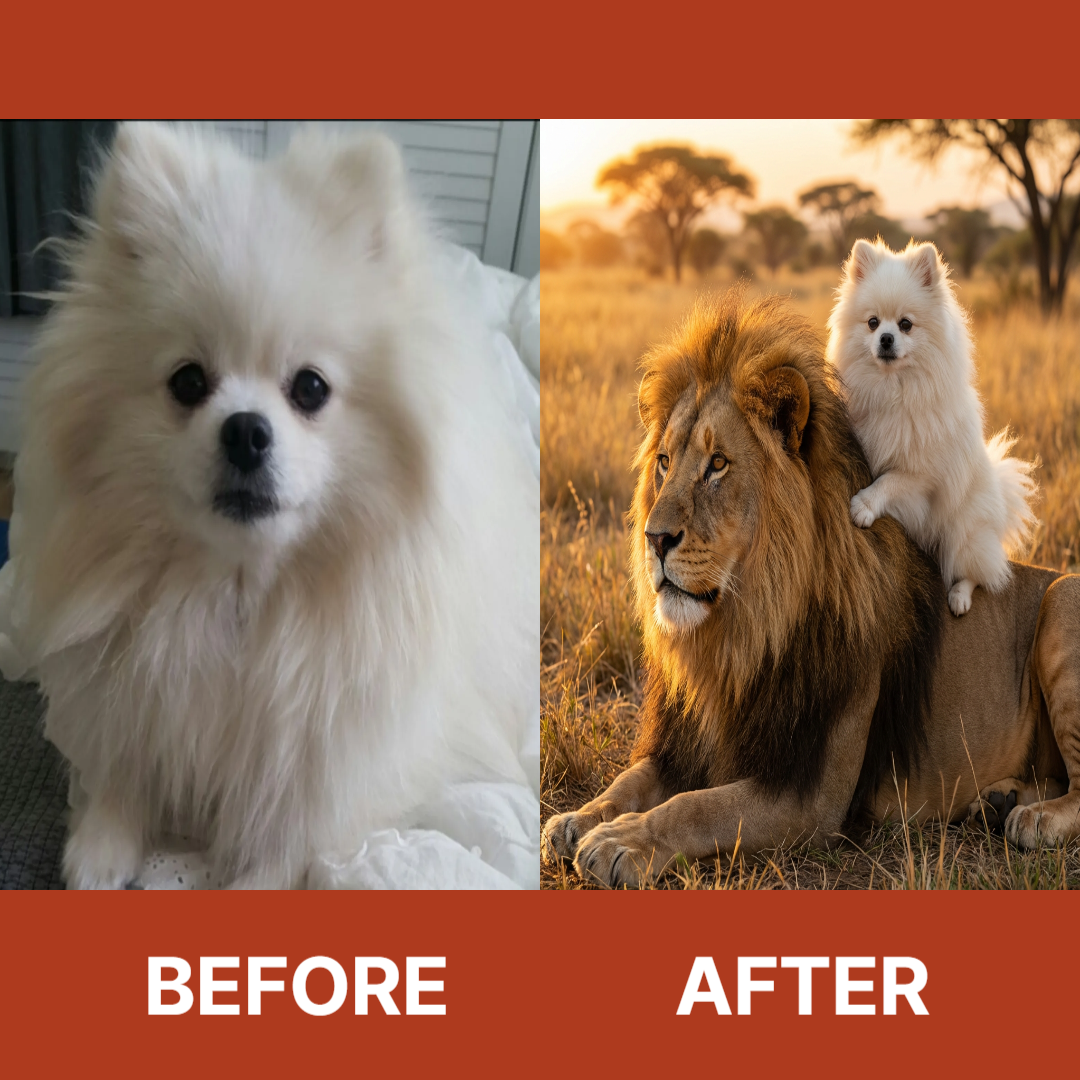 하얀 포메라니안 강아지의 원본 사진 배경을 AI로 바다 풍경으로 바꾼 모습입니다. 잔잔한 바다와 푸른 하늘이 어우러져 강아지가 마치 해변에서 사진 촬영을 한 것 같은 느낌을 줍니다.