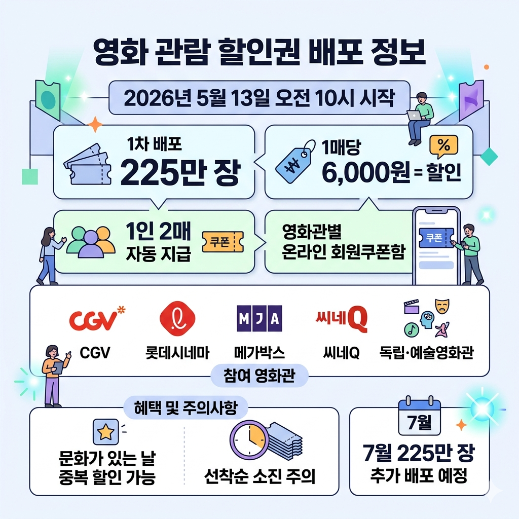 영화 할인권 배포｜6천원 할인쿠폰 225만장 사용방법&middot;배포시간&middot;주의사항 인포그래픽