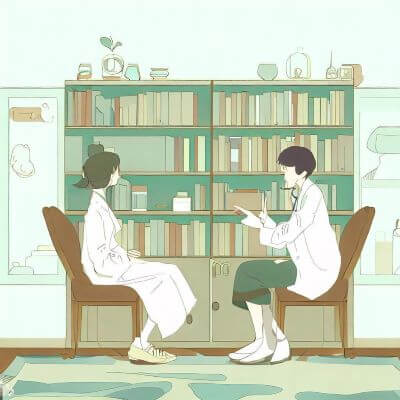 책이 많이 꽂혀있는 병원에서 마주앉아 상담하는 환자와 의사