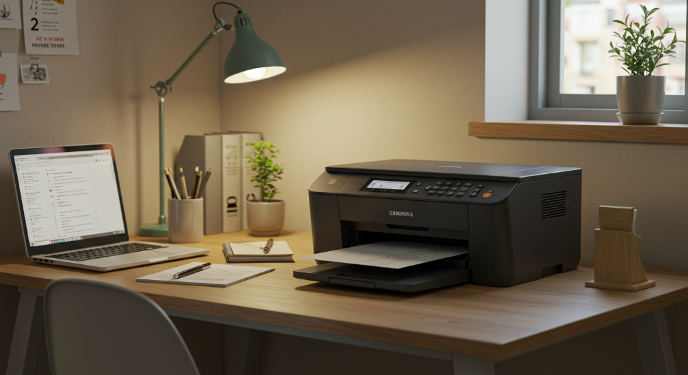 2025년 소형 레이저프린터, 좁은 공간에 최적화된 컴팩트 디자인과 효율적인 기능성을 강조하는 모습. 현대적인 홈오피스나 원룸에서 깔끔하게 배치된 프린터와 노트북, 작은 식물들이 어우러진 장면.