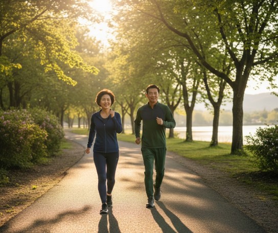 50대 남여가 걷기 운동을 하는 모습