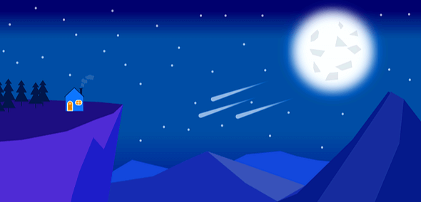 밤하늘에 하얀 별들이 가득하고 하얀 보름달도 떴다. 3개의 하얀 별똥별이 땅에 떨어진다.