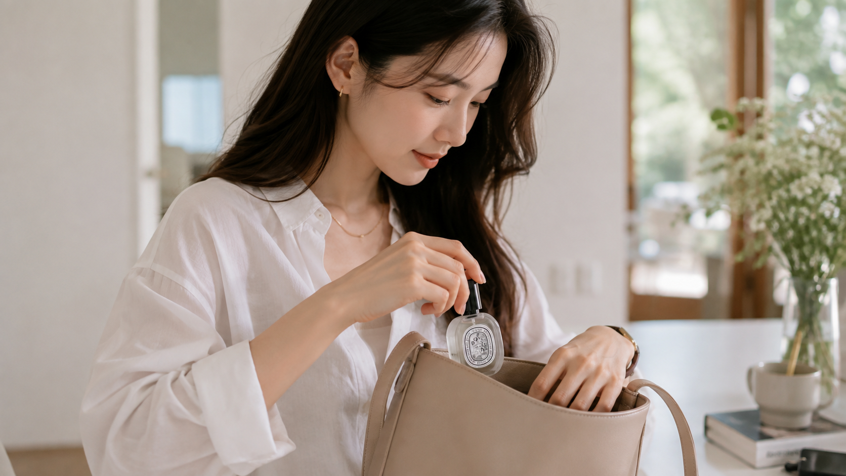 외출 준비 중 가방에 헤어미스트를 넣는 한국 여성의 자연스러운 데일리 장면 이미지