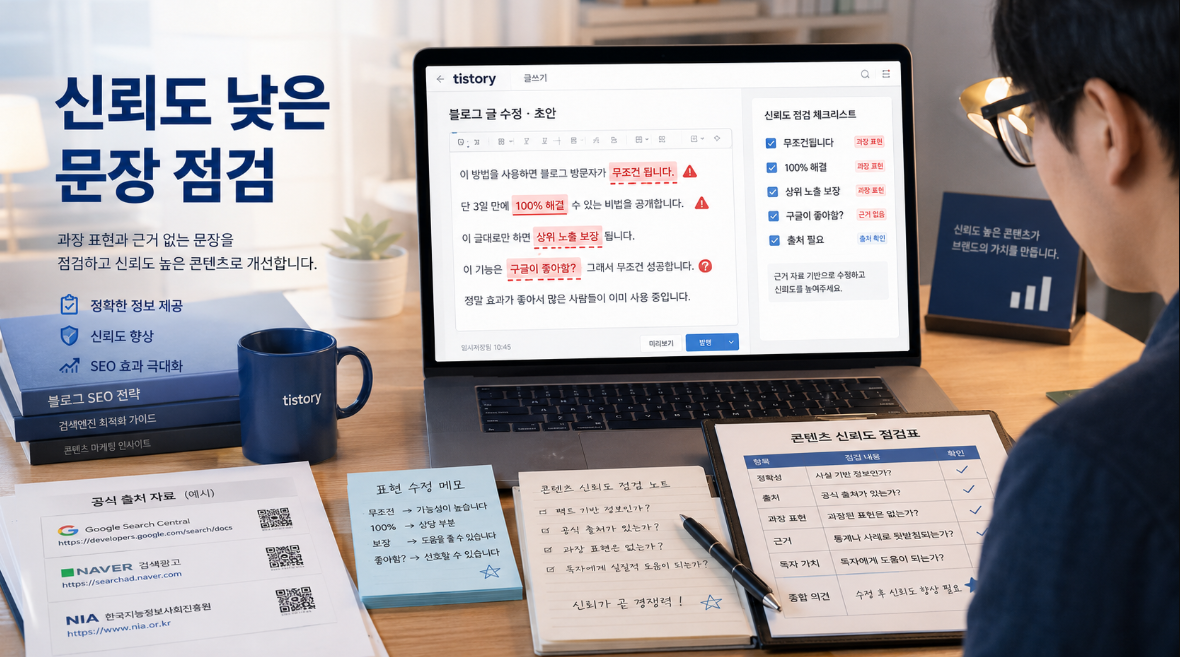 티스토리 블로거가 글 초안에서 무조건 100퍼센트 상위 노출 보장 같은 과장 표현과 출처 없는 문장을 점검하는 이미지