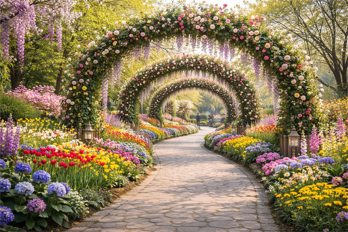 아치형 동선을 따라 봄꽃이 이어지는 축제형 정원 산책로 