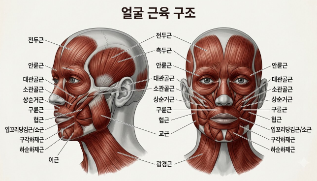 눈둘레근, 입둘레근, 볼근 등 주요 부위
