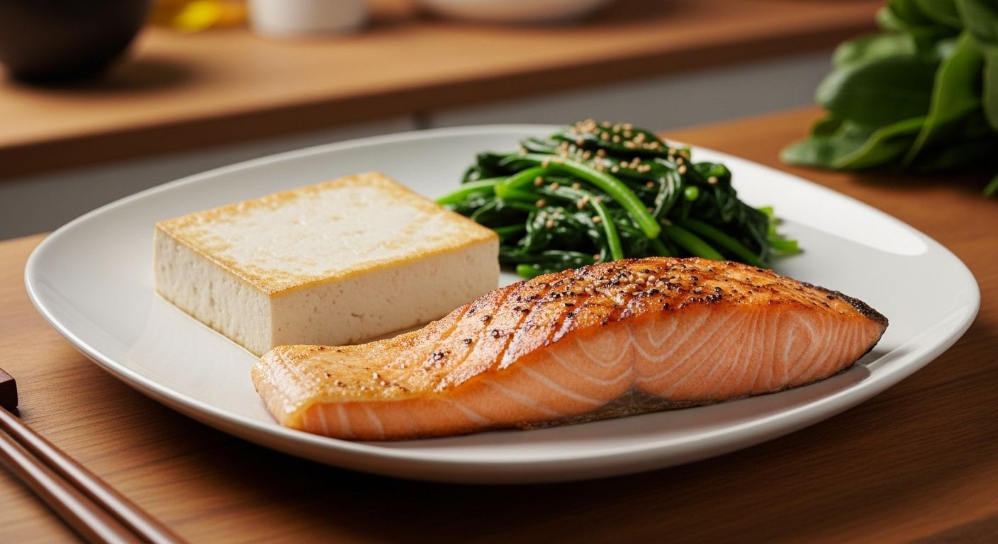 연어구이&amp;#44; 두부&amp;#44; 시금치로 구성된 저녁용 고단백 한국식 다이어트 