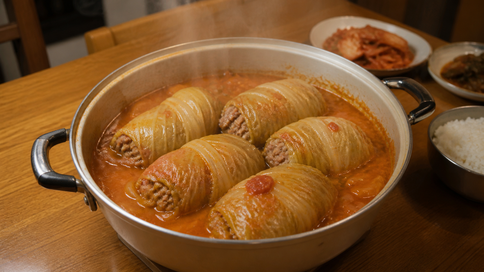 다진 돼지고기를 양배추에 말아 토마토 육수에 끓인 돼지고기양배추찌개