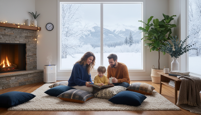 눈 내리는 창밖을 배경으로 따뜻하고 쾌적하게 유지된 거실에서 행복하게 시간을 보내는 가족의 모습. 결로와 곰팡이 없는 깨끗한 창문이 강조됨.