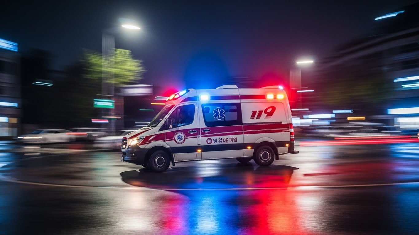 골든타임을 지키기 위해 뇌졸중 환자를 싣고 응급실로 긴급 이송하는 119 구급차