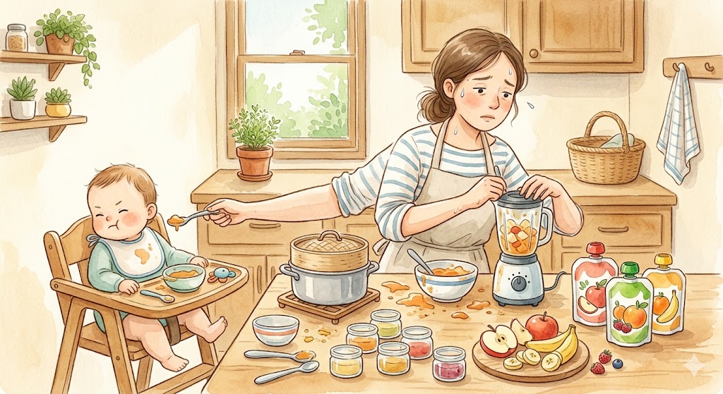 A tired mother making homemade fruit puree in the kitchen while a baby in a high chair turns away, with store-bought puree pouches sitting nearby.