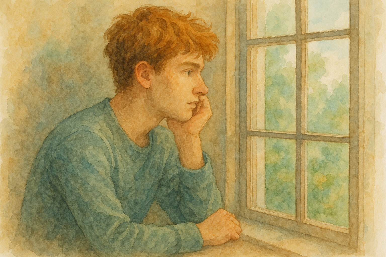 창밖을 바라보는 청년