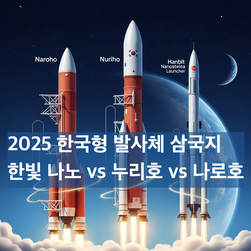 2025년 한국 우주 발사체, 나로호, 누리호, 한빛 나노 위성 발사체를 비교하는 이미지. 각 발사체의 특징이 강조되어 한국 우주 기술 발전을 보여줍니다.